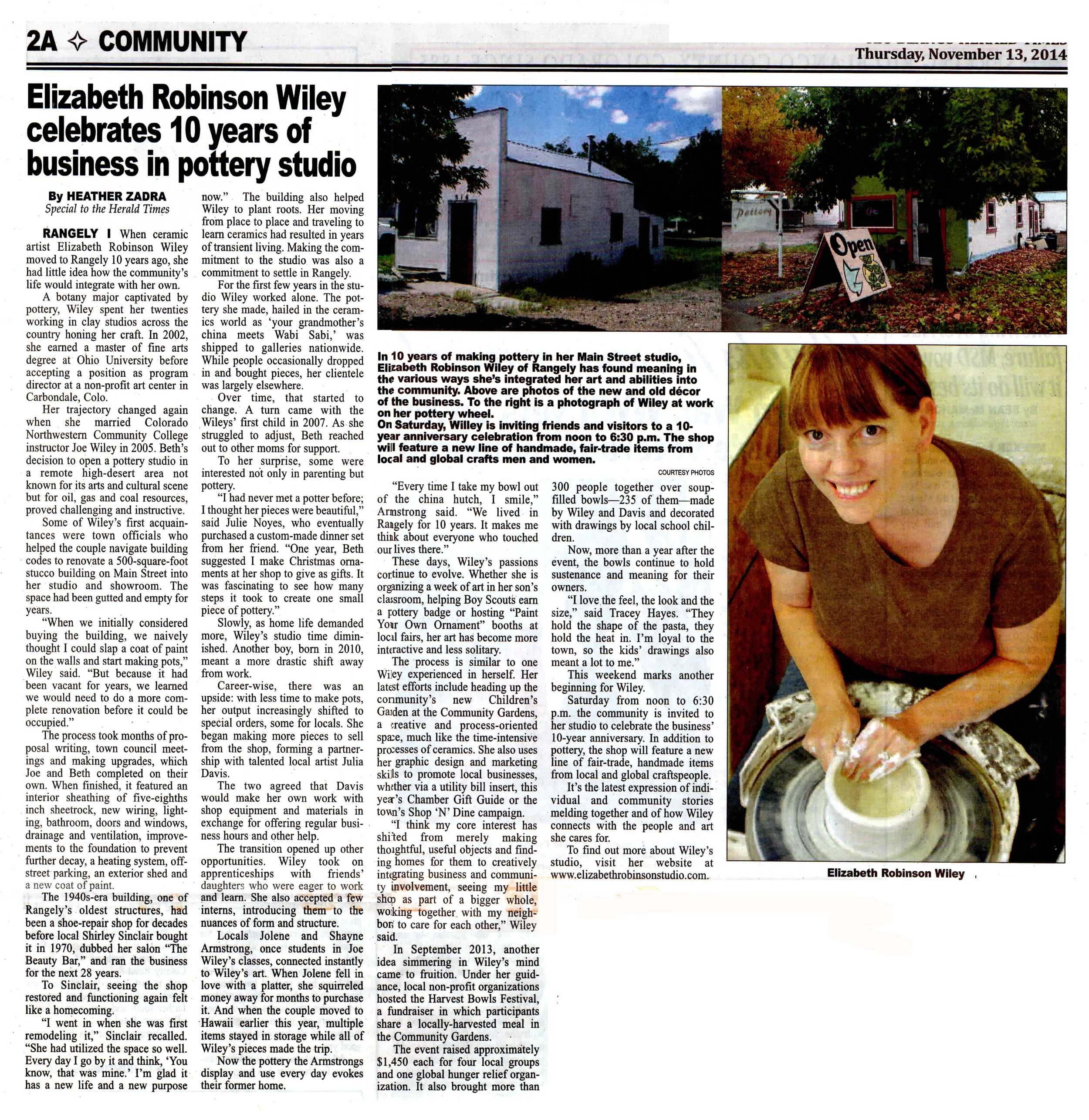 Article in the local paper on the studio's 10 Year Anniversary.