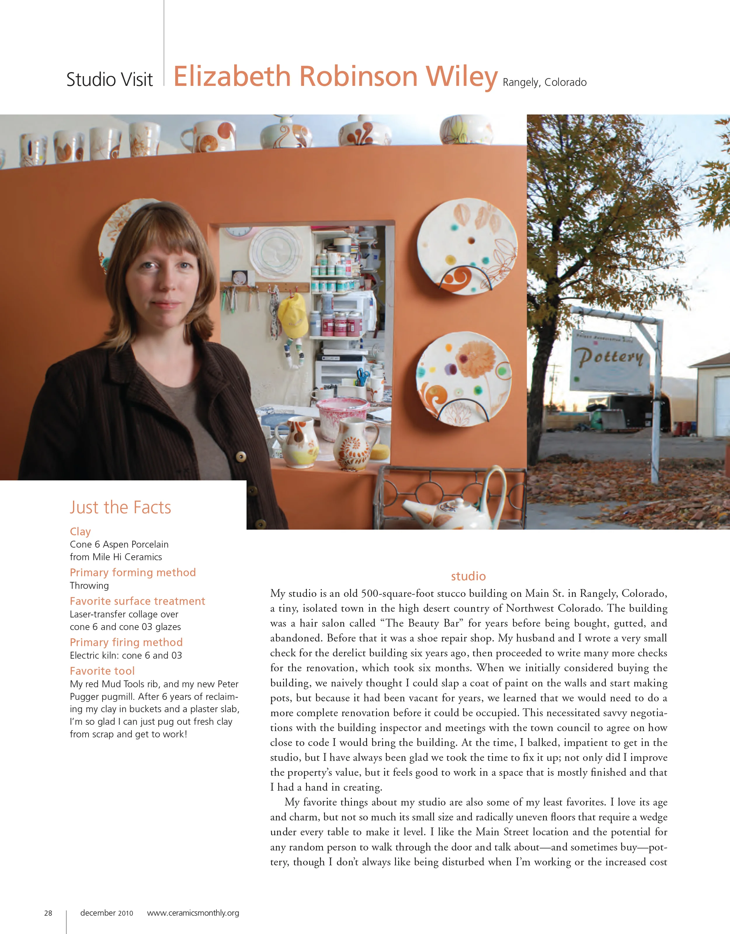 First page of the 'Studio Visit' article in Ceramics Monthly, 2010.