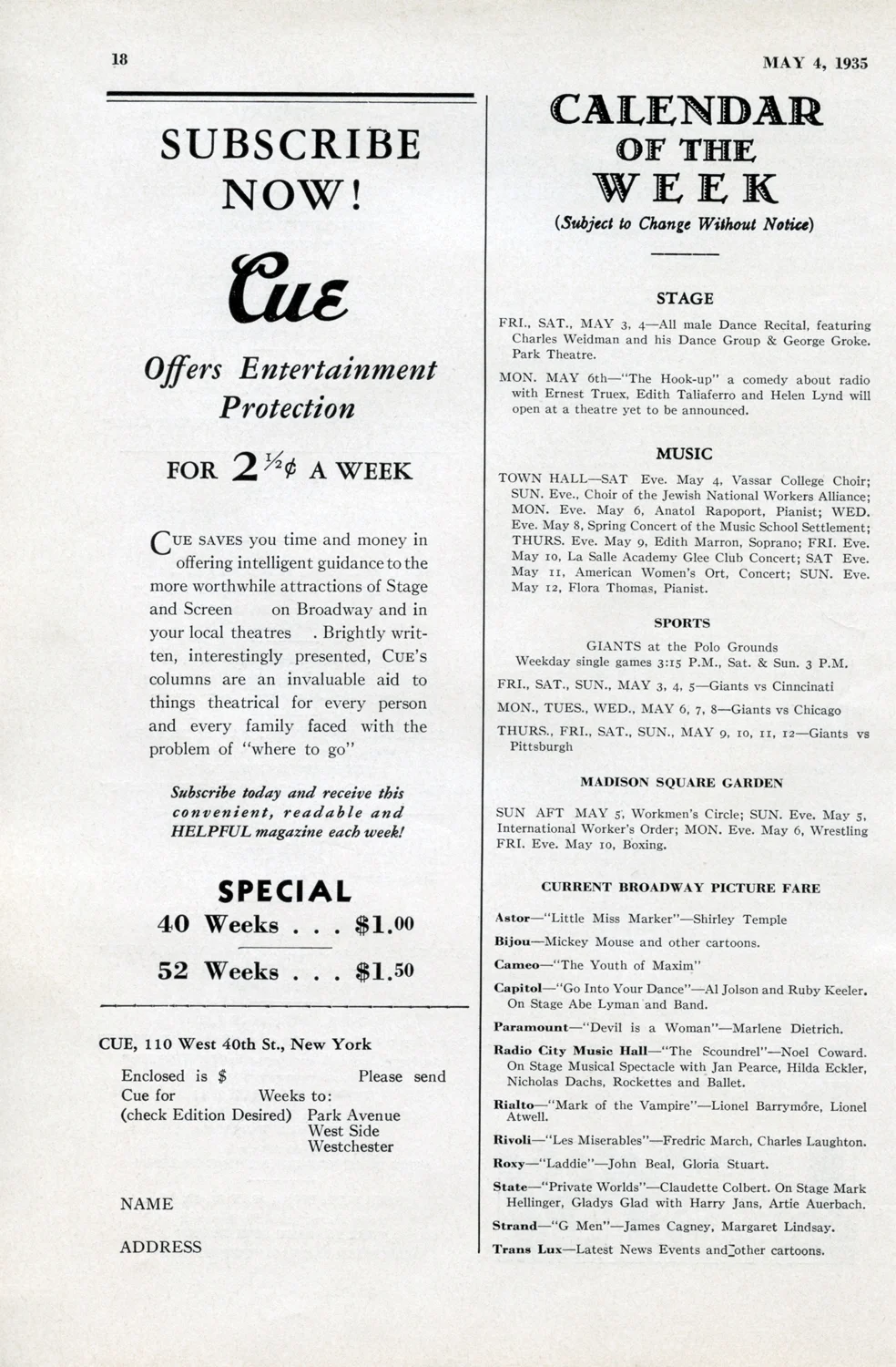 May 4, 1935, Pg. 18 INSIDE CUE : Stage / Music / Sports CALENDAR OF THE WEEK