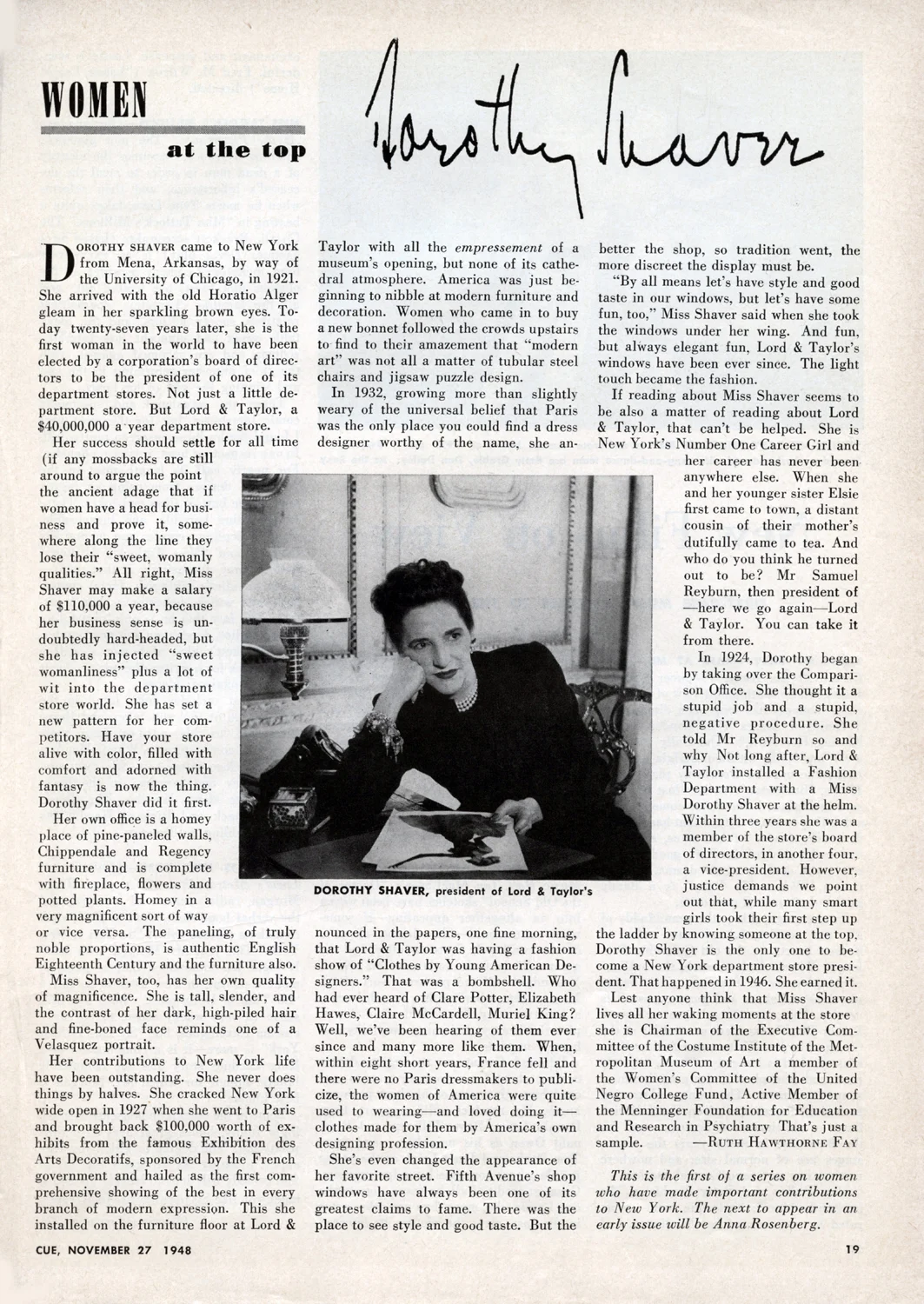 November 27, 1948 INSIDE CUE : Dorothy Shaver First Woman President of Lord and Taylor