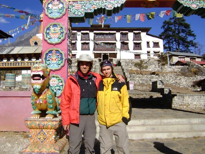 Jim and his son Jeremy at Tengboche Monastery Gate in Nepal