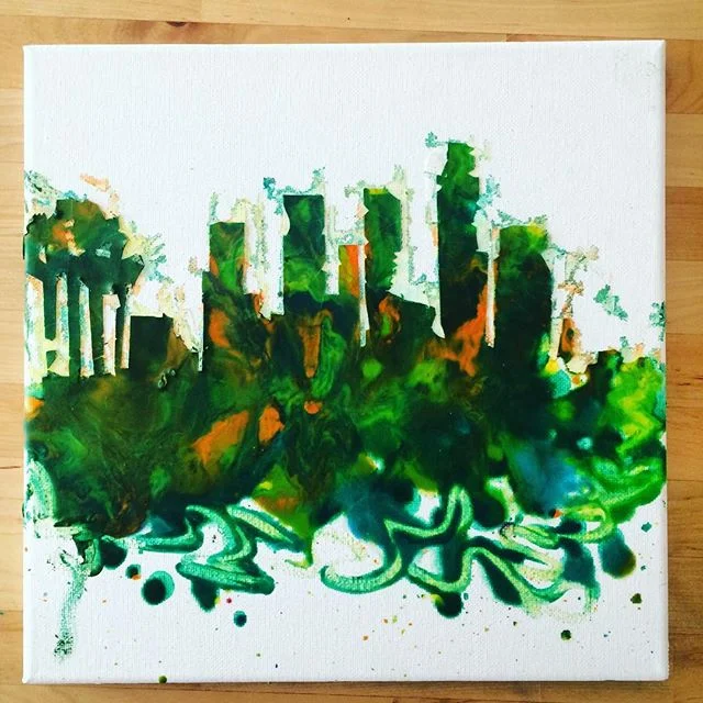 yesterday's youth art workshop... abstracted cityscapes with #hotgluegun & #crayons. see story for process! #thursdayartworkshops #littlehousegallery
