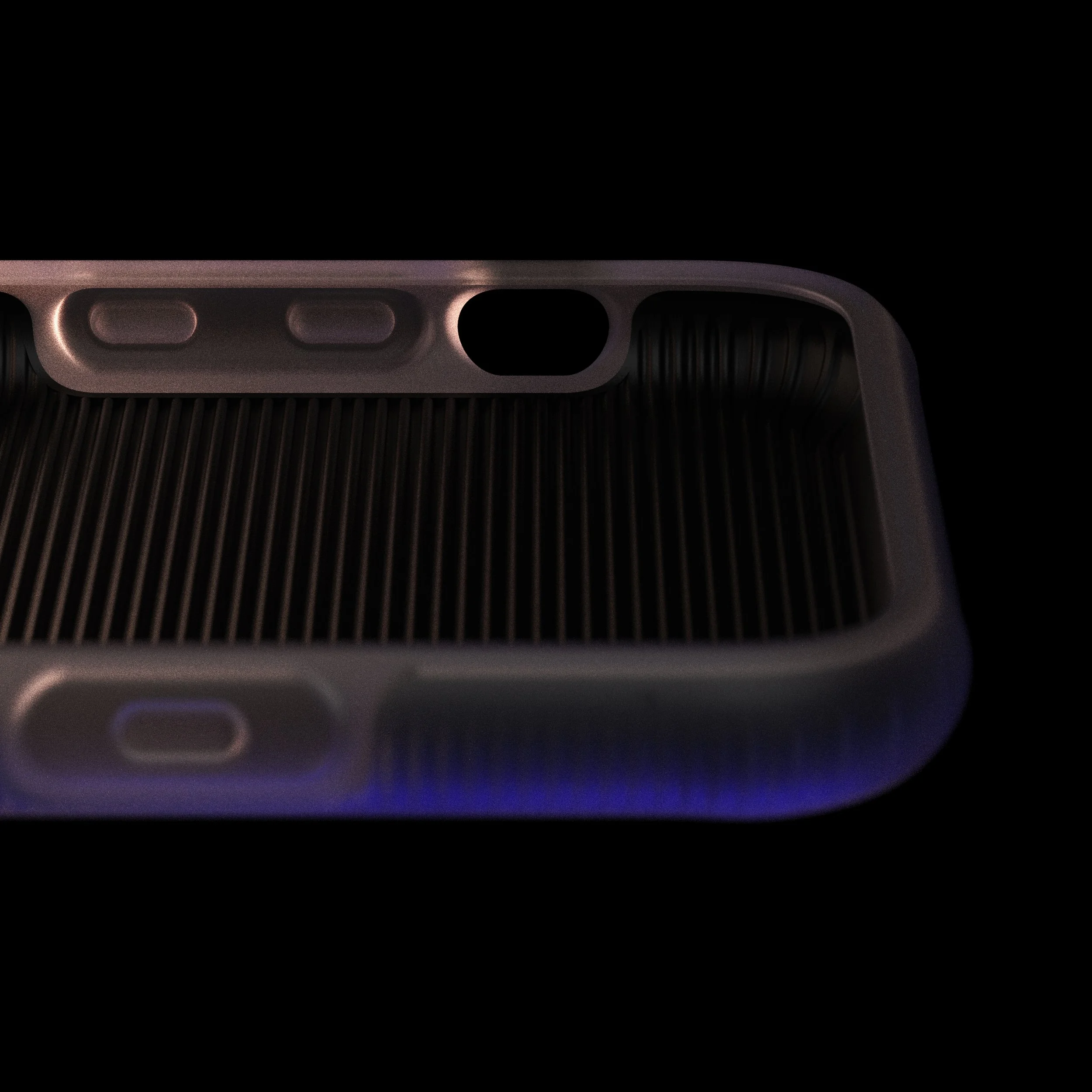 Close-up of a iPhone case with a grid-like surface, surrounding angular edges, and an oval hole on one side, against a black background.