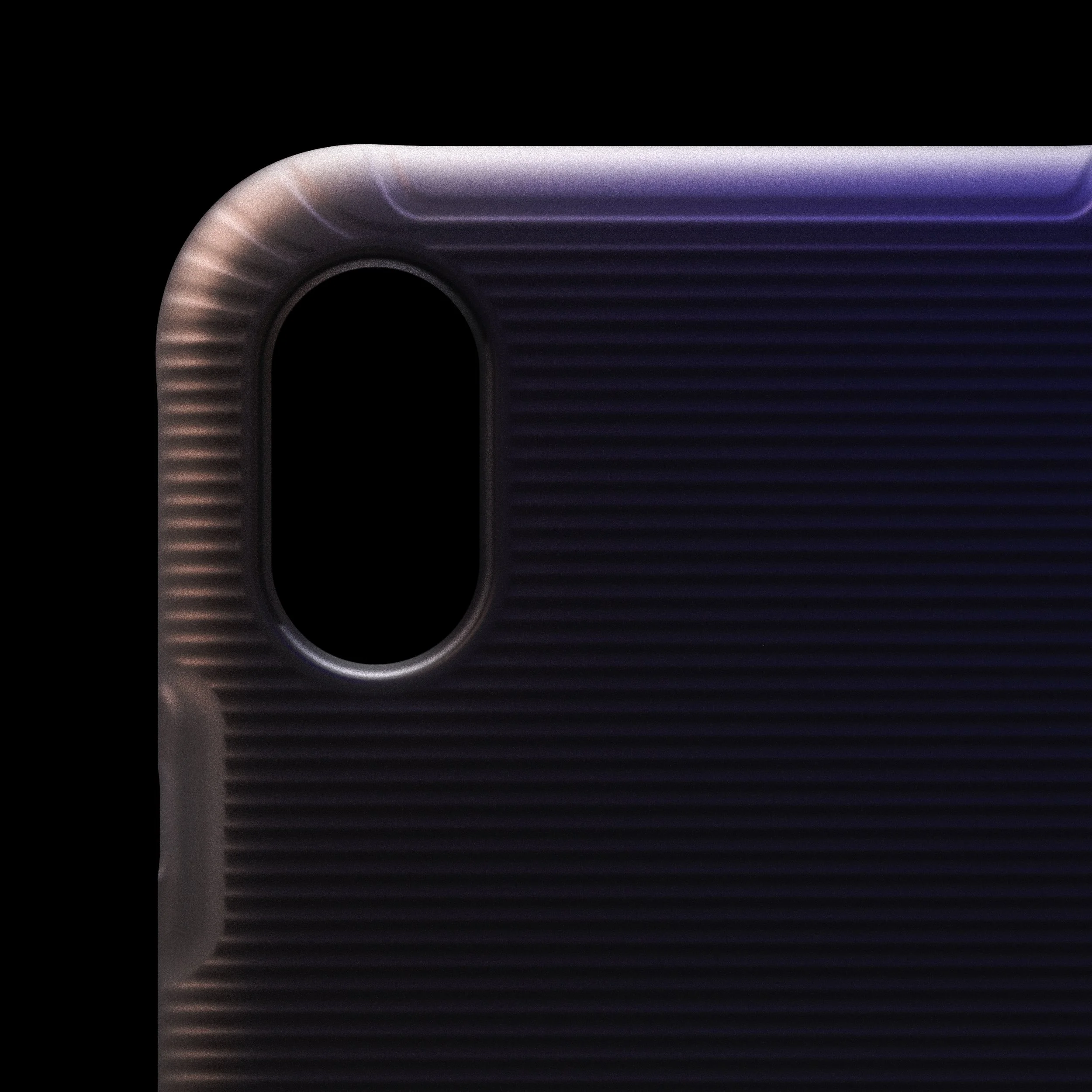 Close-up of the corner of a smartphone case with a textured, ribbed surface and an oval camera cutout on a black background.