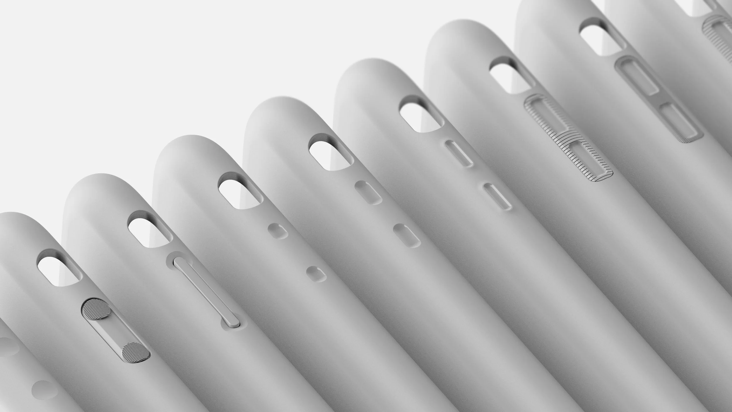 Close-up of various white Apple iPhone case side views showing buttons and cutouts.