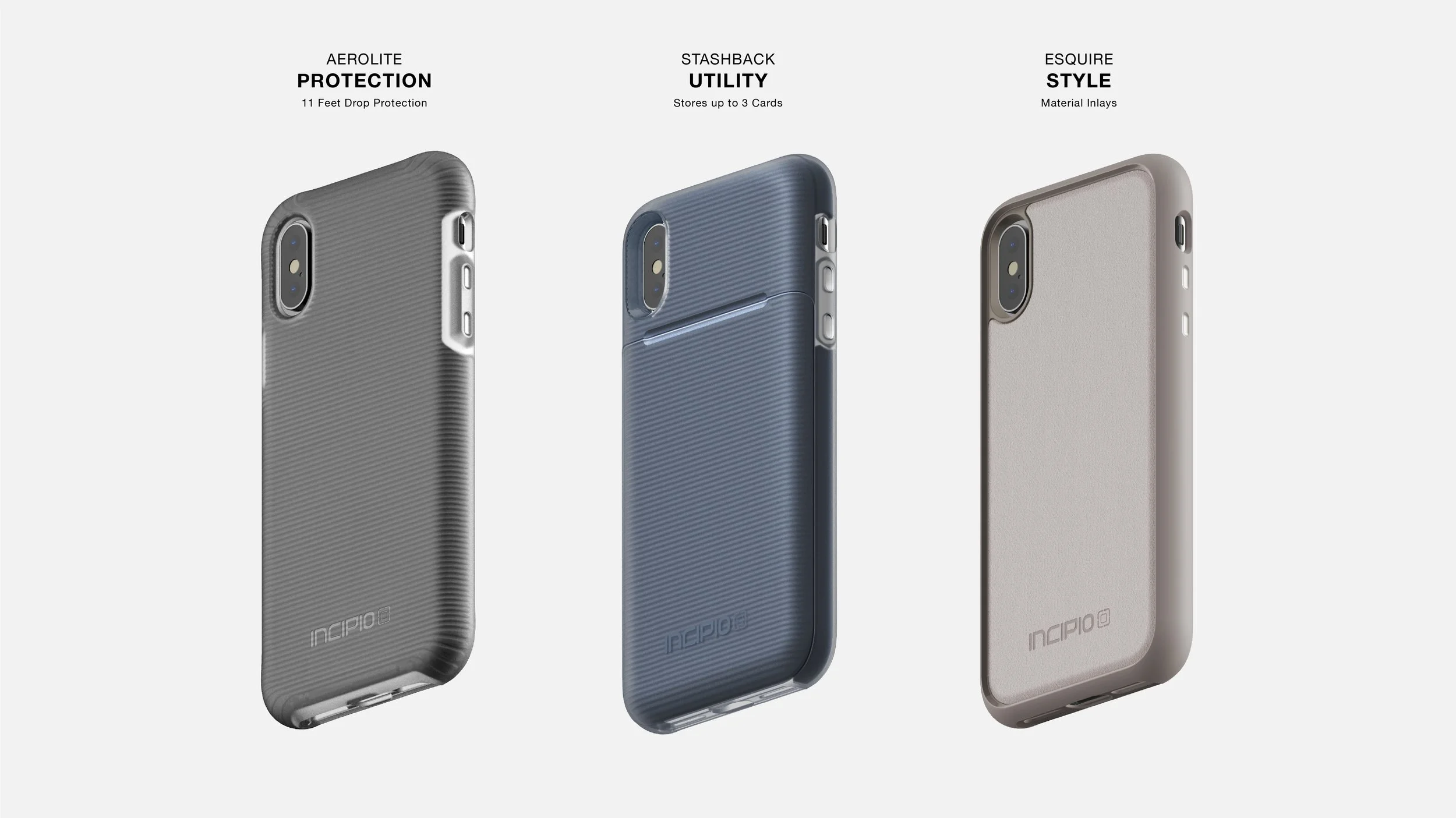 Three phone cases with different features and materials: the first is a protective case with a textured surface, the second is a utility case with a card storage slot, and the third is a stylish case with a smooth finish.