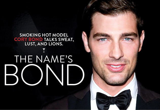 Promotional poster for the movie 'The Name's Bond' featuring a man in a tuxedo with blue eyes and dark hair, with text mentioning Cory Bond as a hot smoking model.