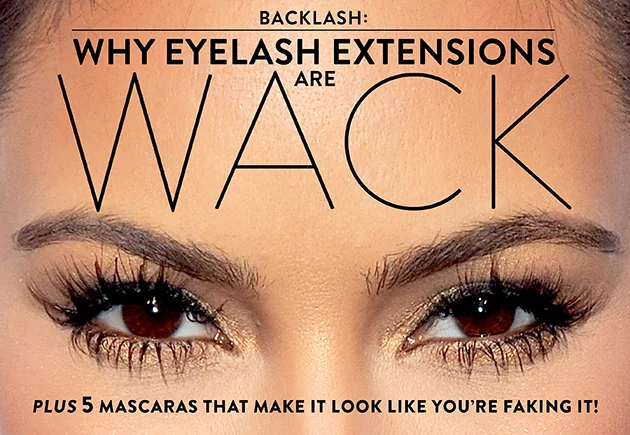 Close-up of a woman's eyes with makeup and eyebrows, with bold text overlay about eyelash extensions and mascaras.