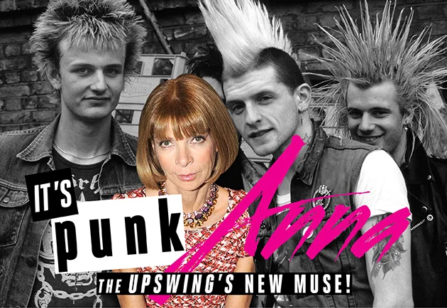 A collage of three punk rock musicians with a woman in the center, with text overlay reading "It's punk Anna, The Upswing's new muse!"