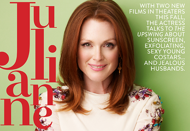 Promotional image of actress Julianna appearing in an advertisement for a film, with green background, large red lettering spelling 'JuliannE', and text about her films and interview.