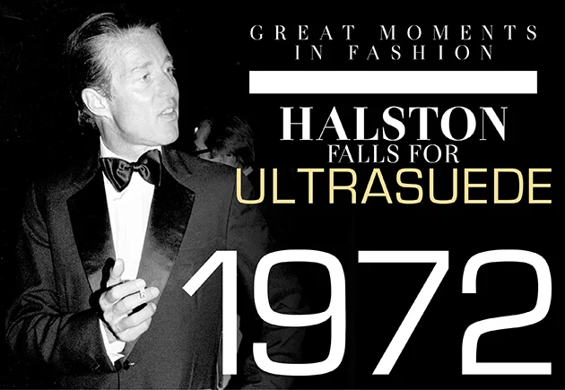 Black and white photo of a man in a tuxedo holding a microphone, with text about Halston's fall for Ultrasuede in 1972 and the phrase "Great moments in fashion."