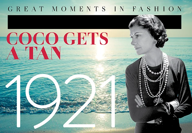 Book cover titled "Coco Gets a Tan" from the "Great Moments in Fashion" series, featuring a black-and-white photo of a woman wearing layered pearl necklaces, set against a beach scene with ocean and sky in the background.