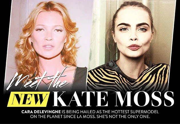 Side-by-side images of two women, one with blonde curly hair and the other with dark straight hair, with bold text mentioning Kate Moss as a supermodel.