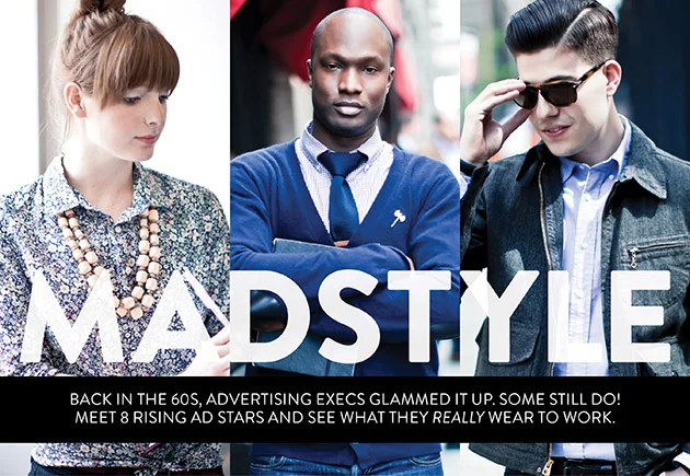 Three individuals in professional attire standing outdoors, with the word 'MADSTYLE' overlaid and a caption about advertising executives and ad stars.