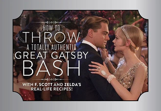 Book cover titled 'How to Throw a Totally Authentic Great Gatsby Bash' featuring a scene from The Great Gatsby with a man and woman dancing at a party.