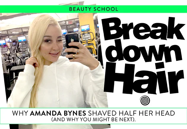 A woman with blonde hair taking a mirror selfie in a gym, promoting a beauty school seminar on hair breaking and styling.