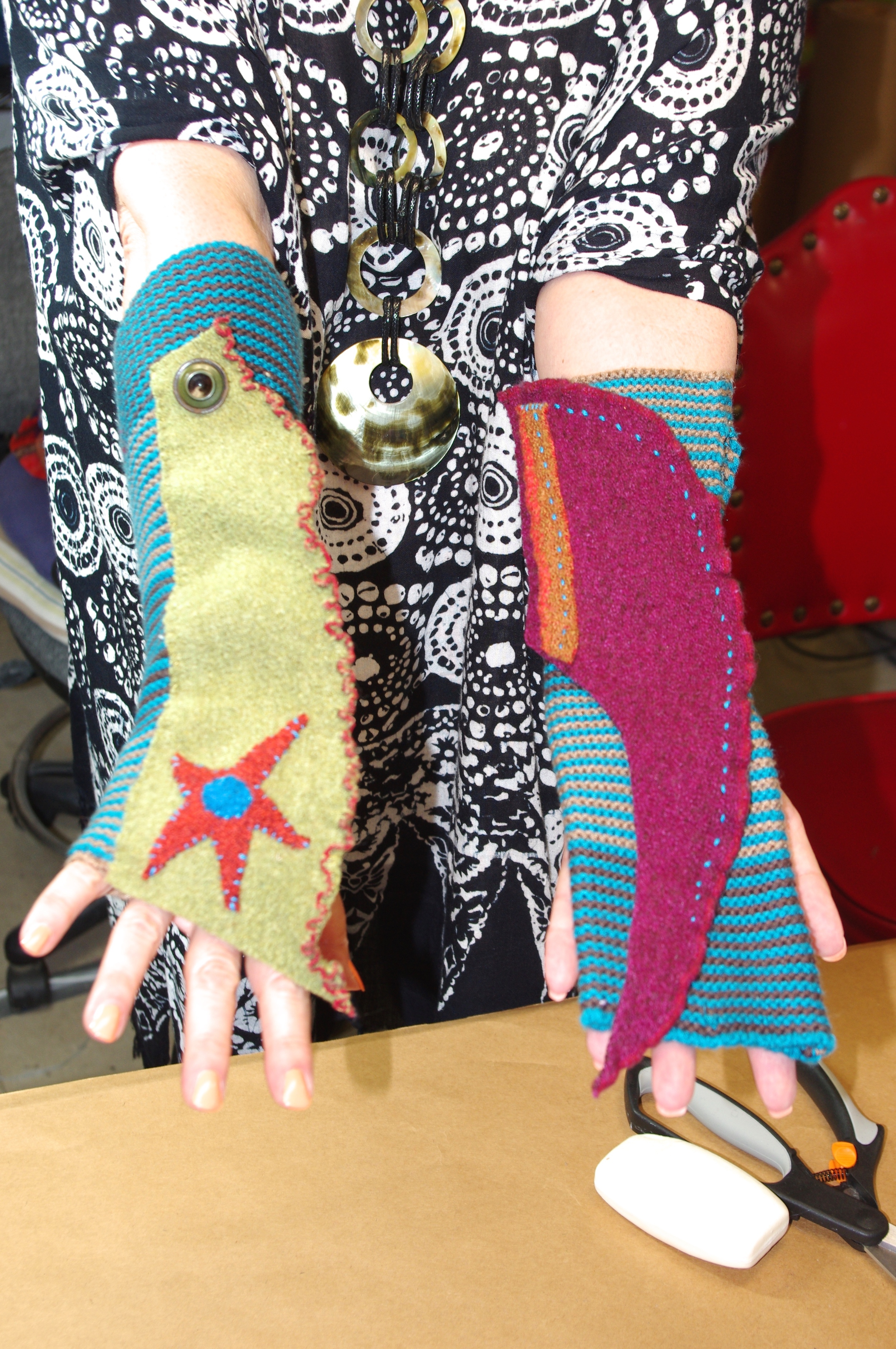 Fingerless gloves completed in the 3 hour, sewing workshop.