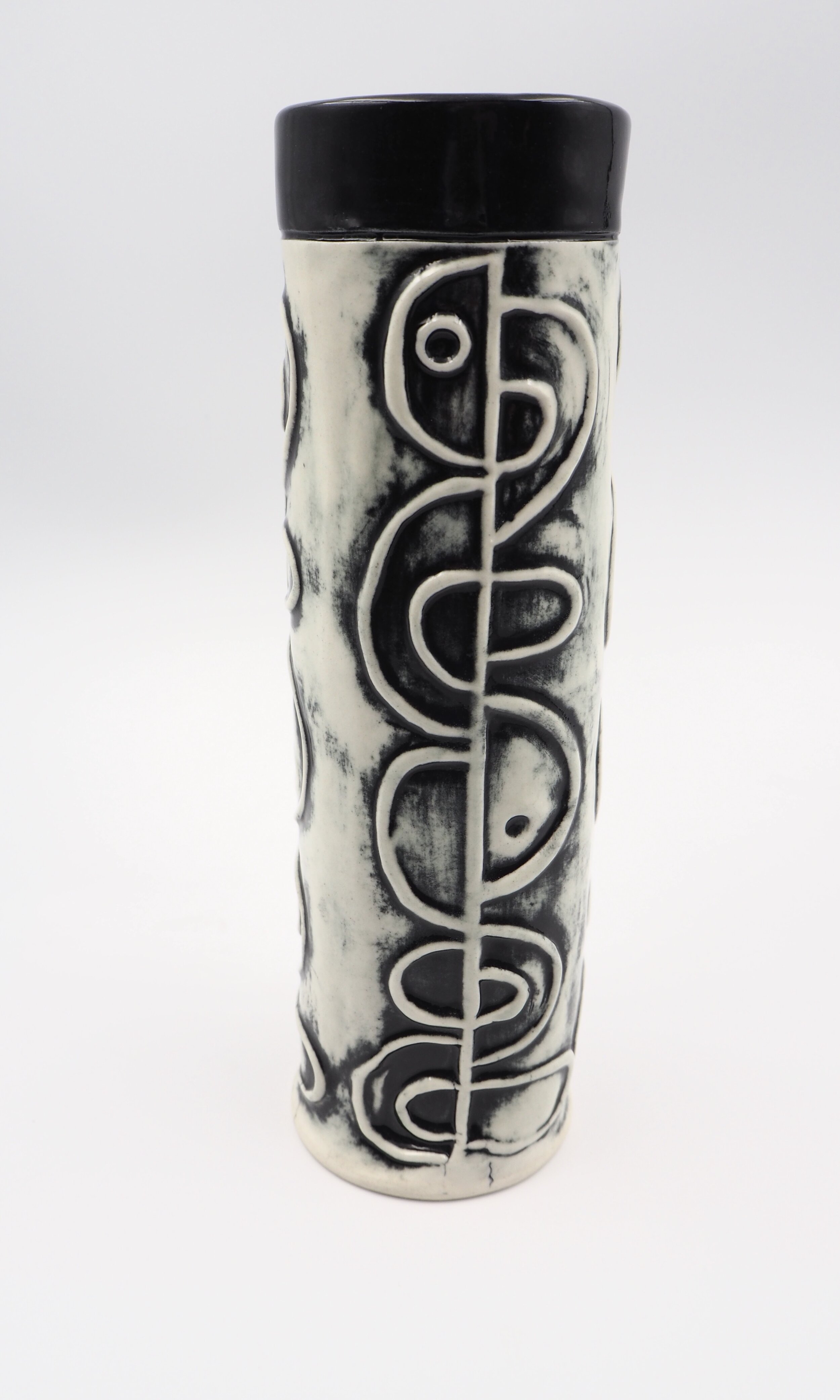 Tall Handbuilt Ceramic Vase with Black and White MCM Design