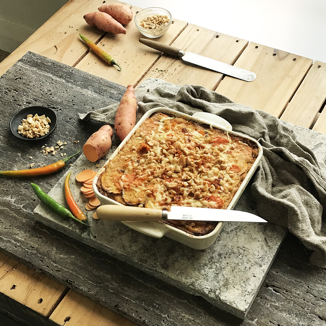 Chicken, Kumara, Corn & Cauli Bake ready to be photographed.