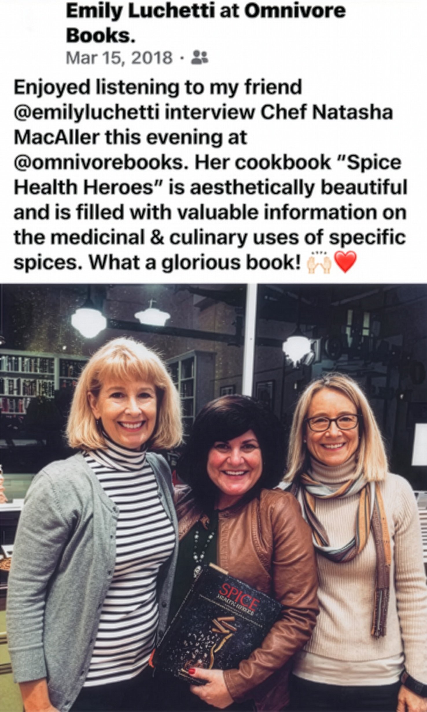 A special throwback – Natasha at Omnivore Books discussing "Spice Health Heroes" with the wonderful Emily Luchetti. An inspiring evening dedicated to spices, wellness, and beautiful food.