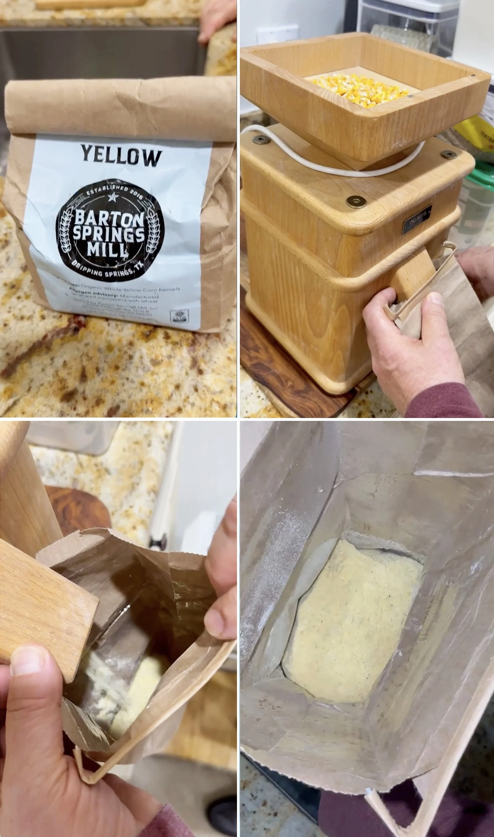 Chef Jim Dodge grinding organic New Mexico yellow corn kernels into fresh cornmeal on his beautiful grain mill — and generously sending me home with some for cornbread. 