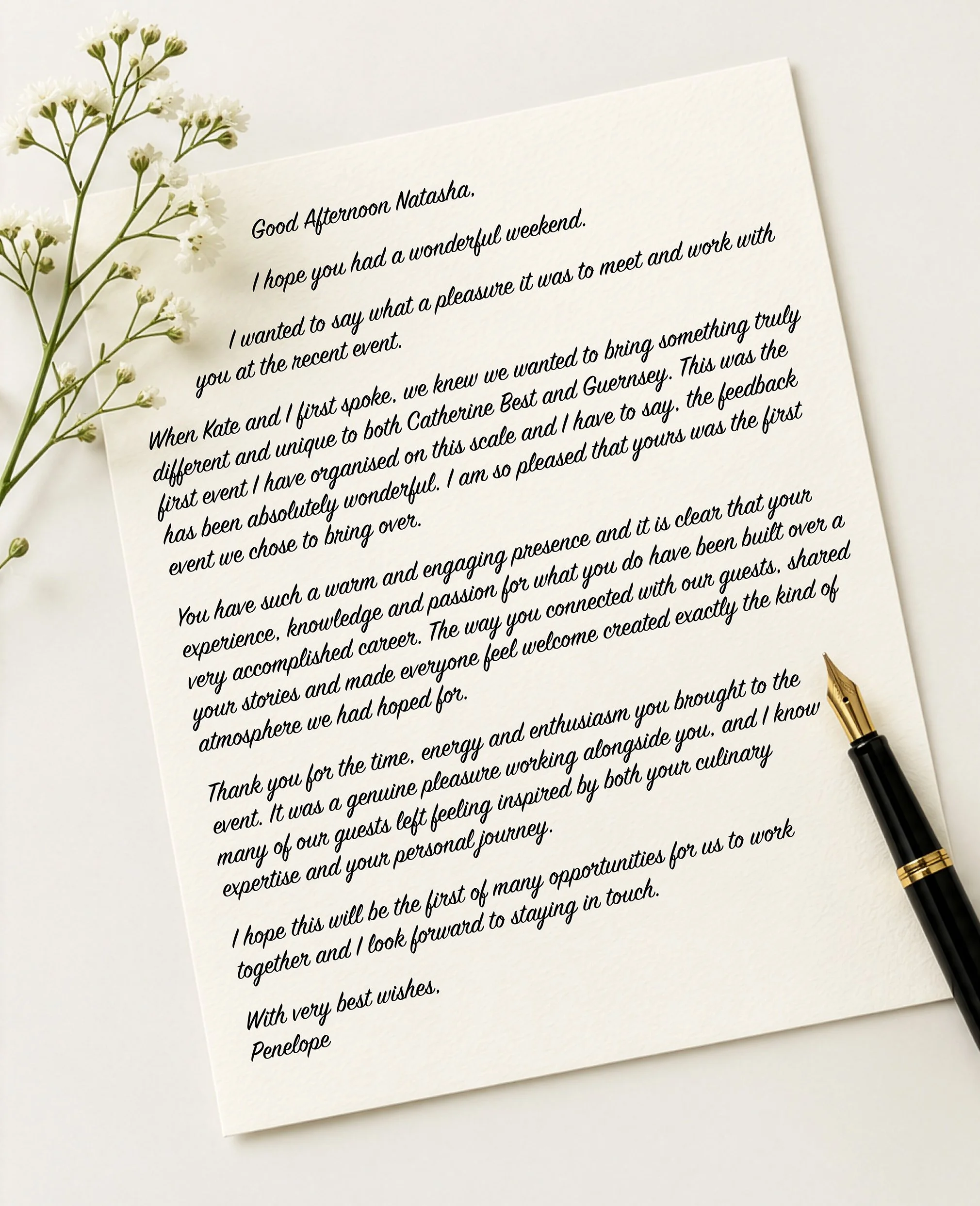 A lovely note from Penelope following our Guernsey event. ✨