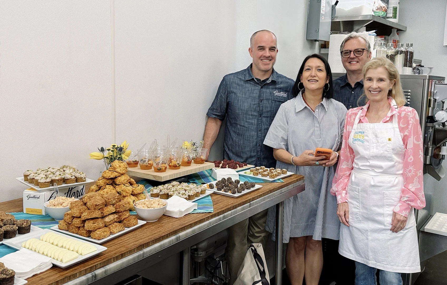 Josh Johnson, Roxana Jullapat, Chef Donald Wressell and Natasha at the Guittard Chocolate Studio with a beautiful spread of recipes and bites from Roxana and Natasha.