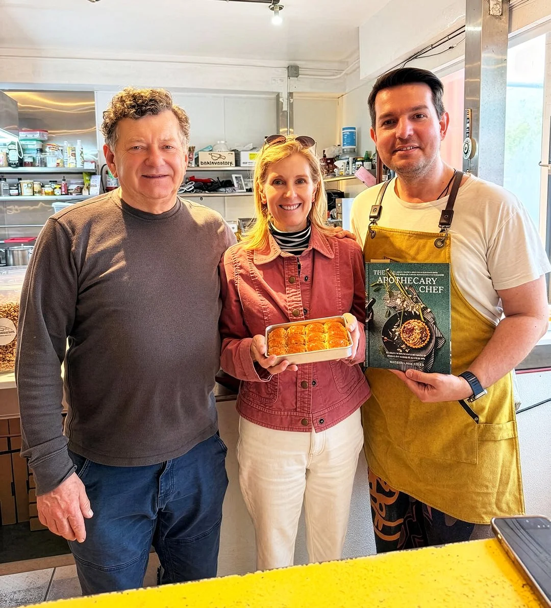 Chef Jim Dodge and Natasha visiting Chef Tolgay Karabulut at Baklavastory, home to some of the freshest and most unforgettable baklava in San Francisco.