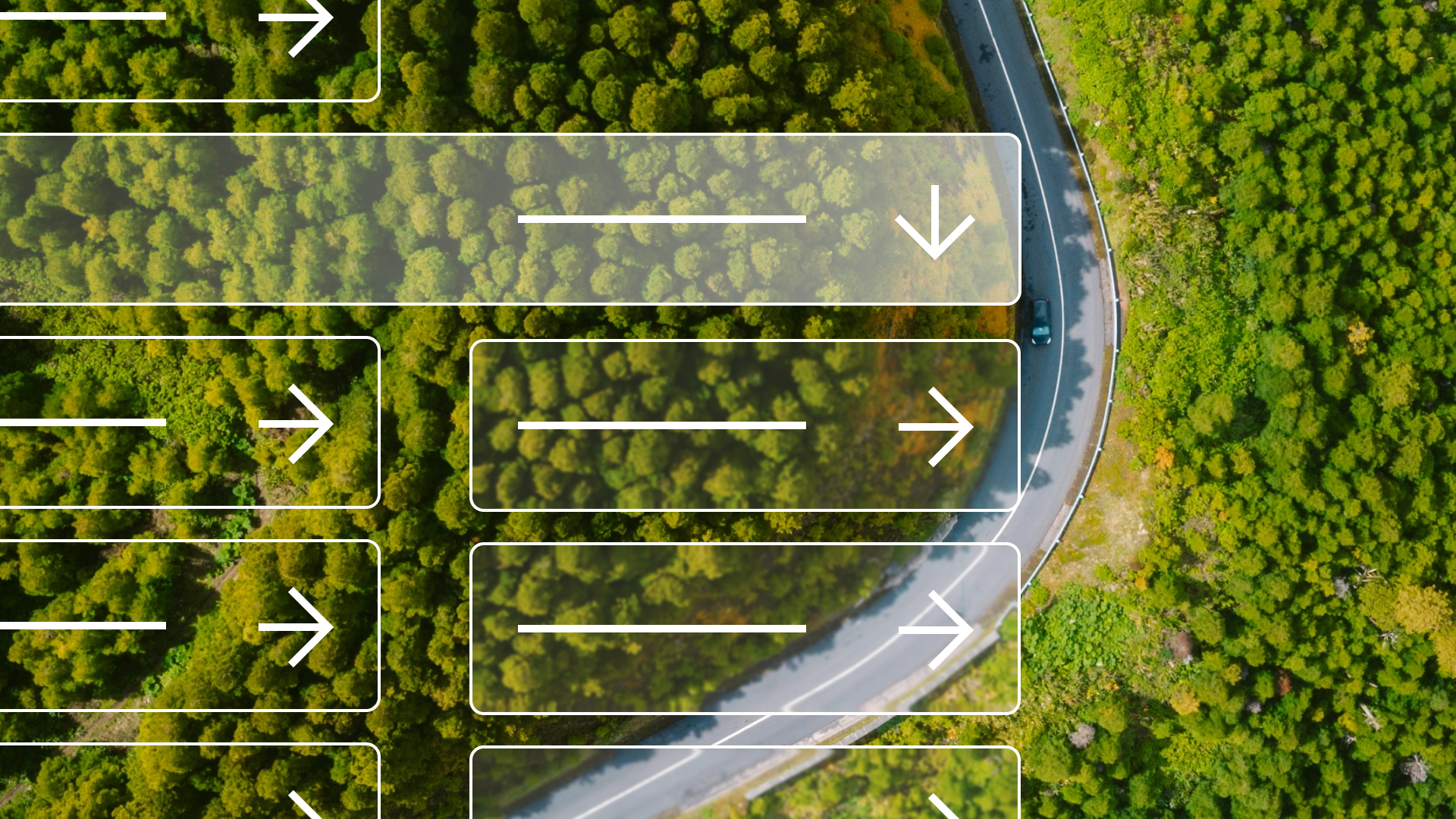 Aerial road through a forest with interface panels overlaid