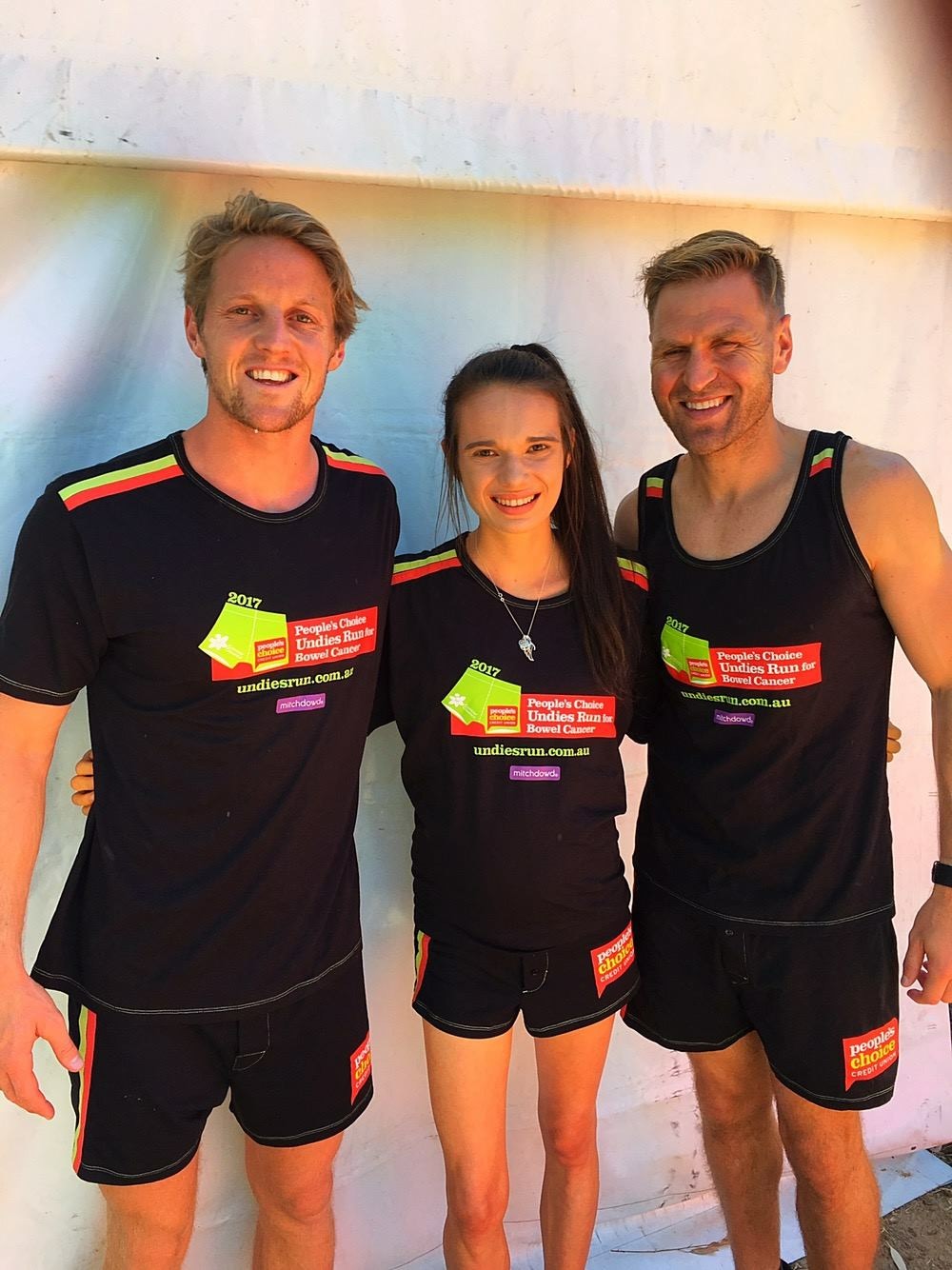 5 months after learning to walk again, Melissa successfully completed the Peoples Choice Undies Run to Kick Bowel Cancer in the Butt with Rory Sloane and Kane Cornes. She was also the second highest individual fund raiser for the event.