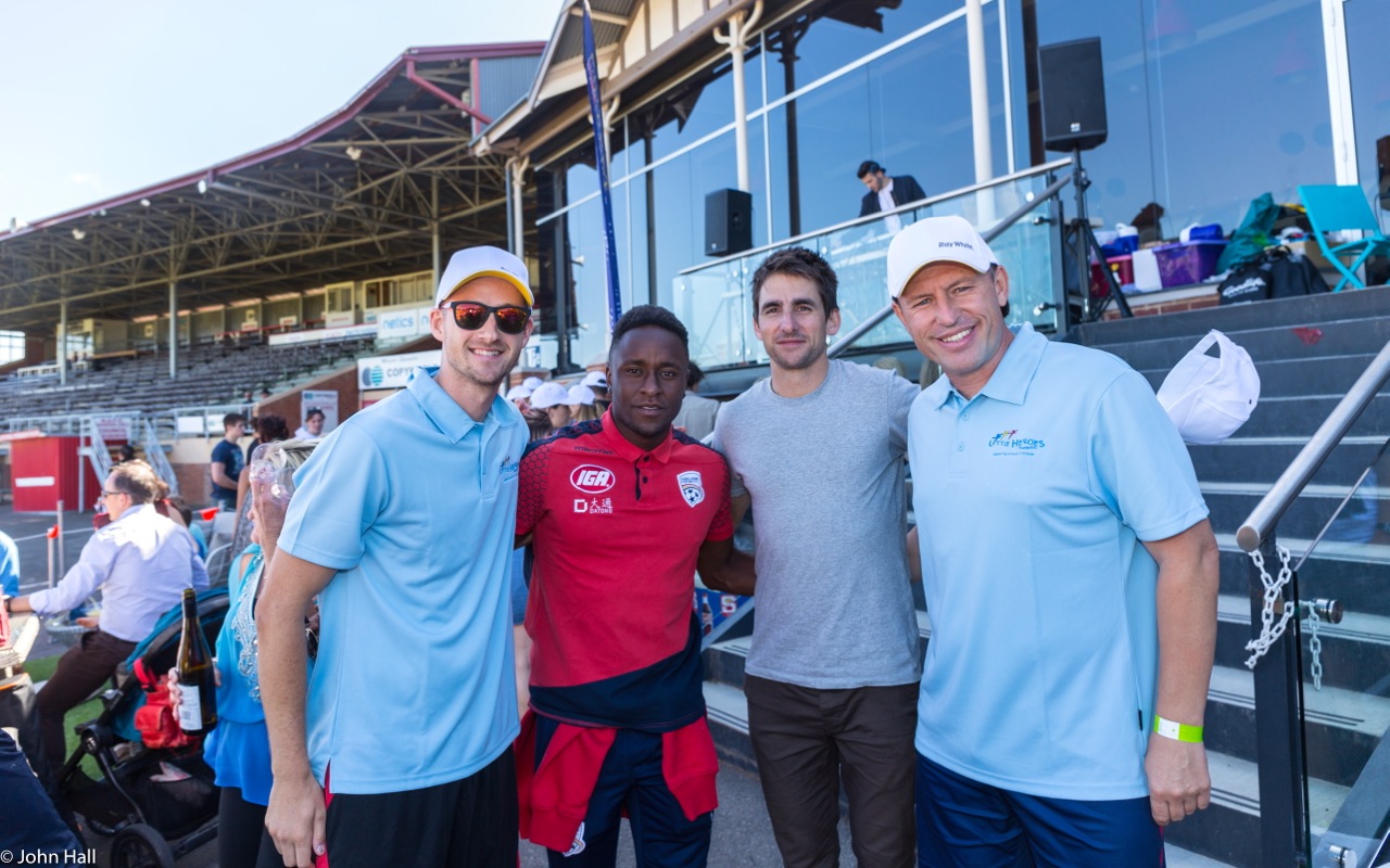 Nova's Jarrod Walsh enjoying being on the other side of the microphone and some quality time with his mates from Adelaide United FC, Mark Ochieng, Nathan Kosmina and the very classy hitter and most probably unofficial Man of the Match, Huss Skandervic.