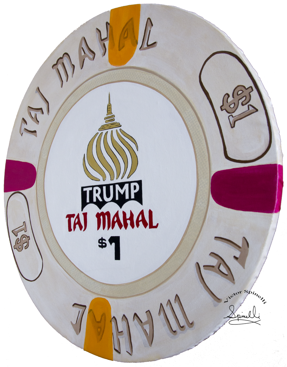 It was only a matter of time before I painted this chip. I
guess Donald Trump is the only US President that put his name on a casino. This
piece is the newest addition to my giant Casino Chips Series. Hand
Painted & UNIQUE. Acrylic on canvas and solid wood. 24 inch
diameter by 1 inch thick. . For me,
painting and creating these giant art chips represents the human
condition of risk taking, chance and discovery. Enjoy Please inquiry for
sales. https://www.victorspinelli.com/new-products/