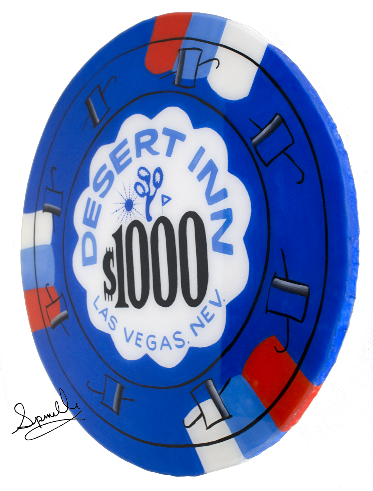 My newest chip is this commission from one of my collectors who was actually conceived at the Desert Inn
and he specifically wanted this chip that circulated during his birth.
Enjoy! The Desert Inn was in operation from 1950-2000 and hosted
dignitaries like the Duke and Duchess of Windsor as well as President John F Kennedy and many notable Hollywood celebrities. 24 inch diameter on solid wood and hand painted with acrylic. Enjoy