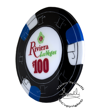 I almost made this casino chip in my first series however a little luck and serendipity came my way with a commission. So alas, it was destiny. The Riviera Hotel and Casino was one of the most popular casinos that appeared on the Las Vegas strip in 1955 and lasted until 2015. It had a Mediterranean theme to it, which of course I love. Hand Painted. 24 inch (60cm) diameter painted on canvas and solid wood with a shiny coat of resin. 1 inch thick.