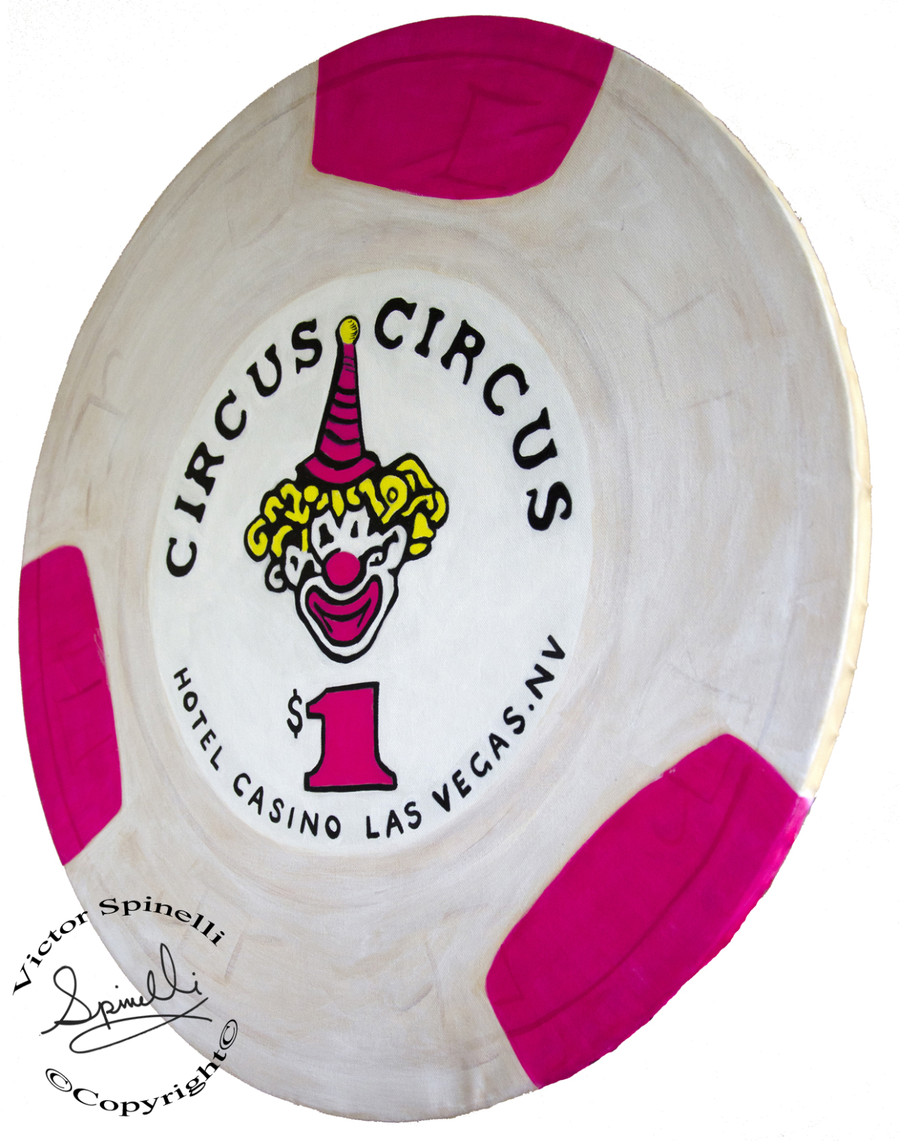 This Circus Circus chip is one of my favorites. This is yet another art piece from my giant “Casino Chip Series”.
Painted with acrylic on solid wood (24 inch diameter X ¾ inch thick). Ready to hang in your entertainment room. In 1968 Circus Circus opened on the strip and instantly became a hit with its carnival atmosphere.. Hand painted & UNIQUE pieces. More of these fun pieces can be seen here: http://www.victorspinelli.com/#/casino-chips/