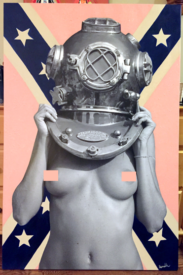 People love to hate this flag but it has taught us a valuable lesson and as we learn more about each other we will all realize that there is only one race on this planet and that is the Human Race. Equality will save us. This version of “#Diver UP” that I painted is 40x60 inches and is only for that secure Art Collector that appreciates all history. See uncensored version on www.SPiNGalleries.com “Diver UP Pink Dixie” Get your PINK ON!