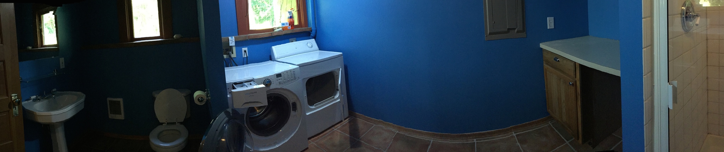 Laundry and shower bathroom in basement.