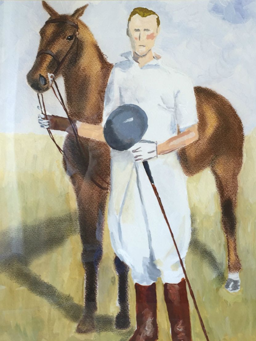 Polo player , pastels and pencils on paper, framed in natural wood. $400.