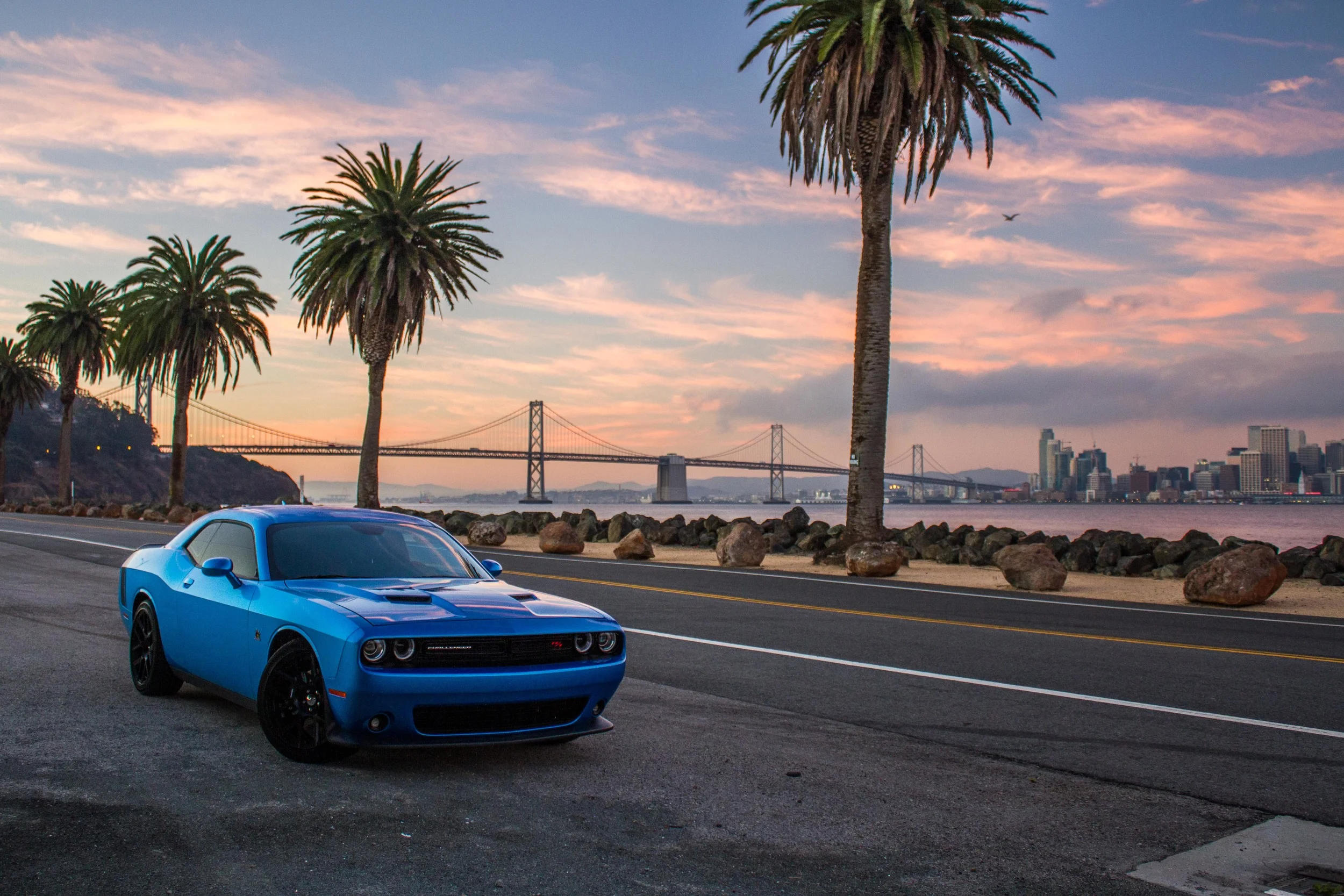 Dodge Challenger R/T parked on Avenue Of The Palms during sunrise.