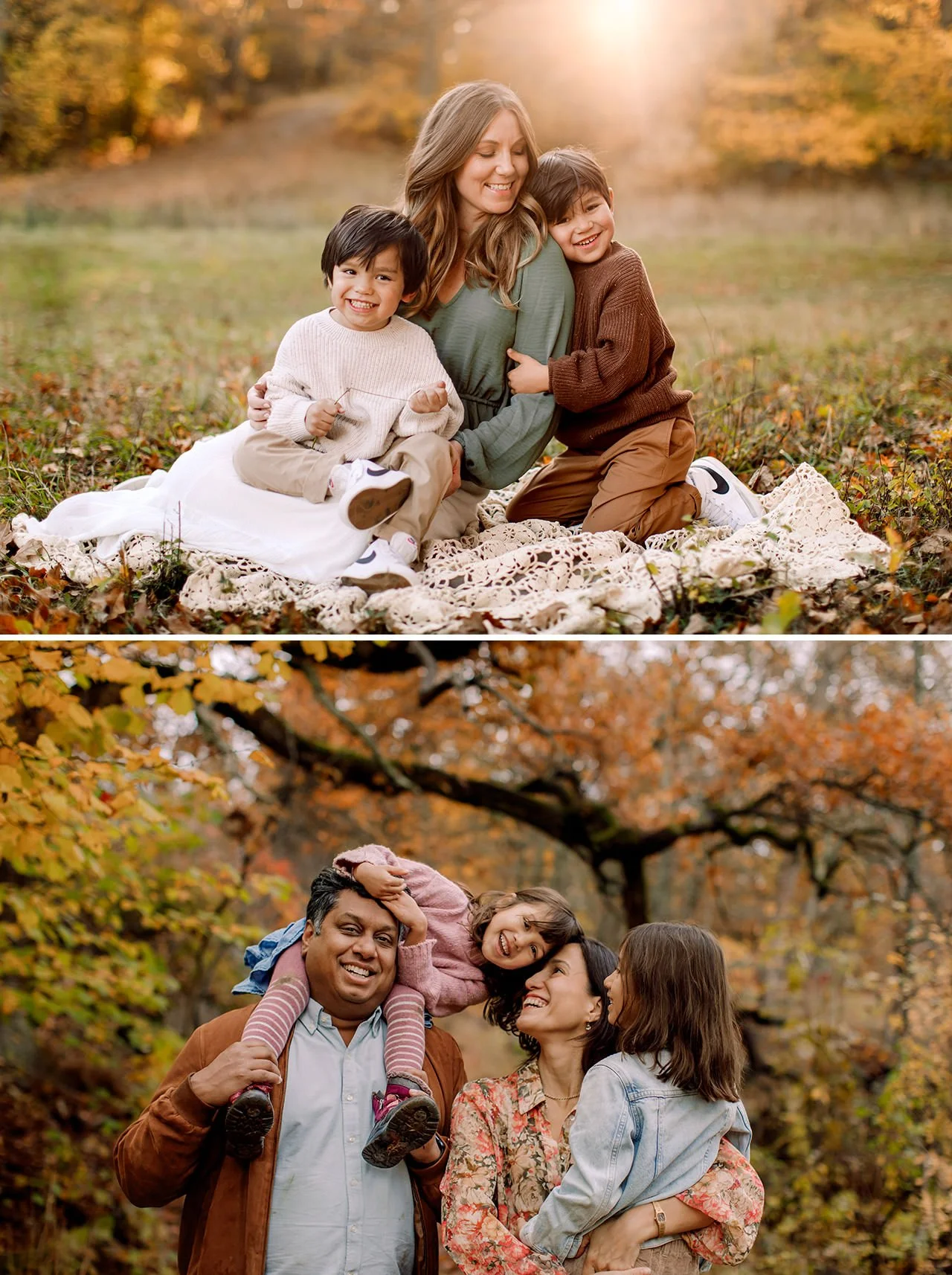 Familjebilder i hel och närportrött med höstig natur i bakgrunden