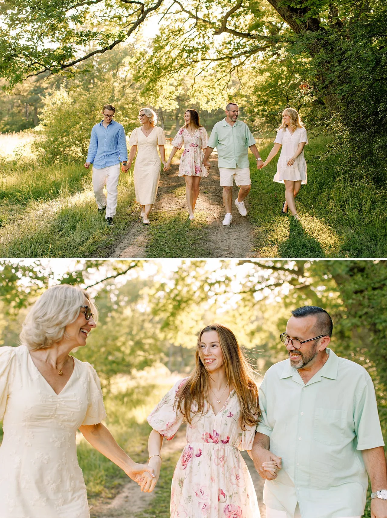 Familj med tre vuxna barn promenerar och håller handen