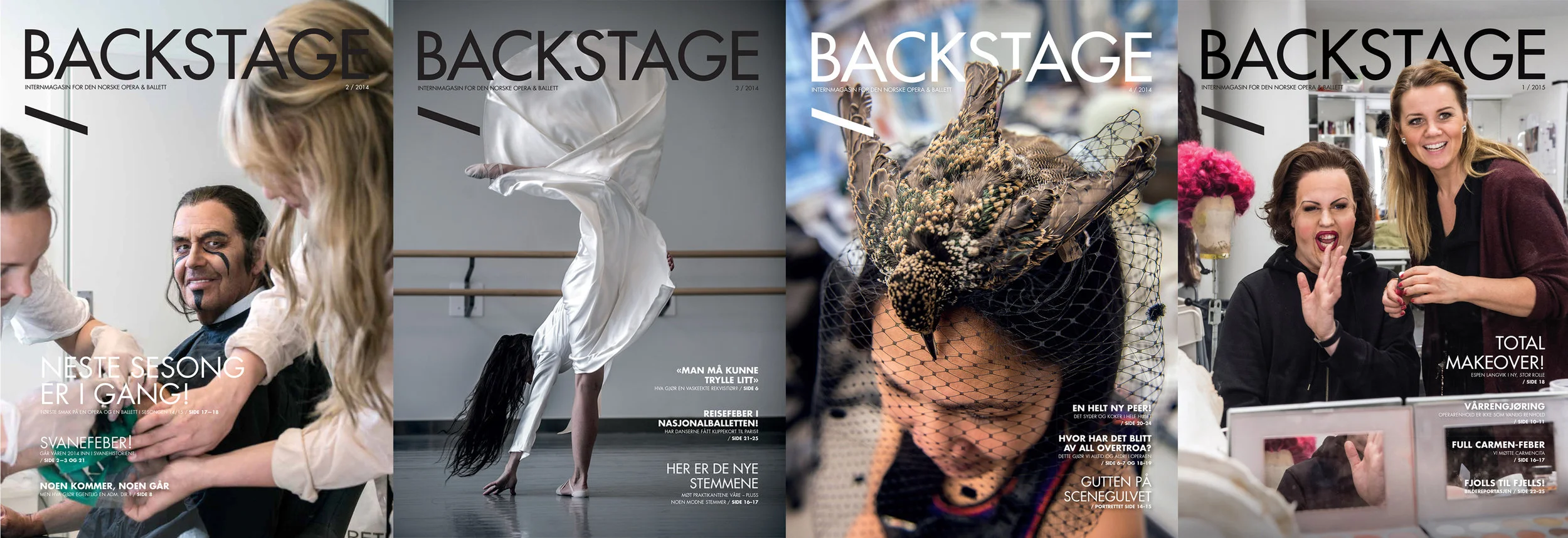Et utvalg covere for utgaver av Backstage-utgaver mine år som redaktør (fra venstre: 2/2014, 3/2014, 4/2014 og 1/2015).