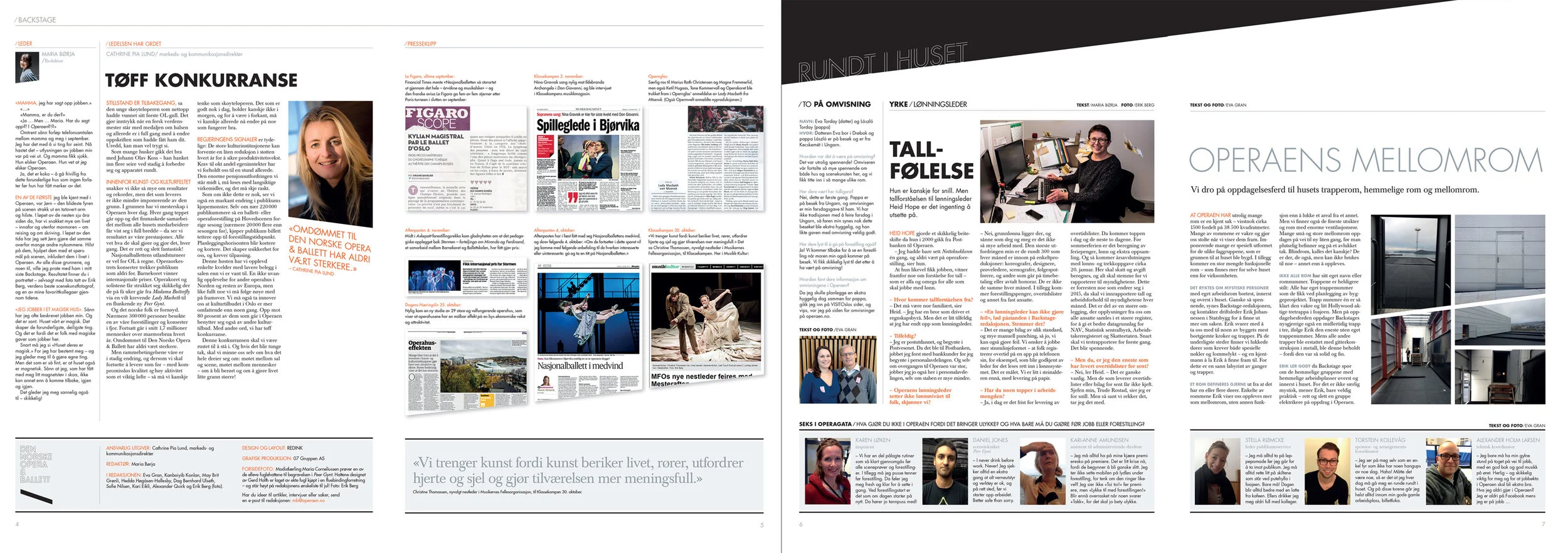 Faksimiler fra lederseksjon og presseklipp (4/2014), dernest Rundt i huset (2/2015), som går over seks sider.