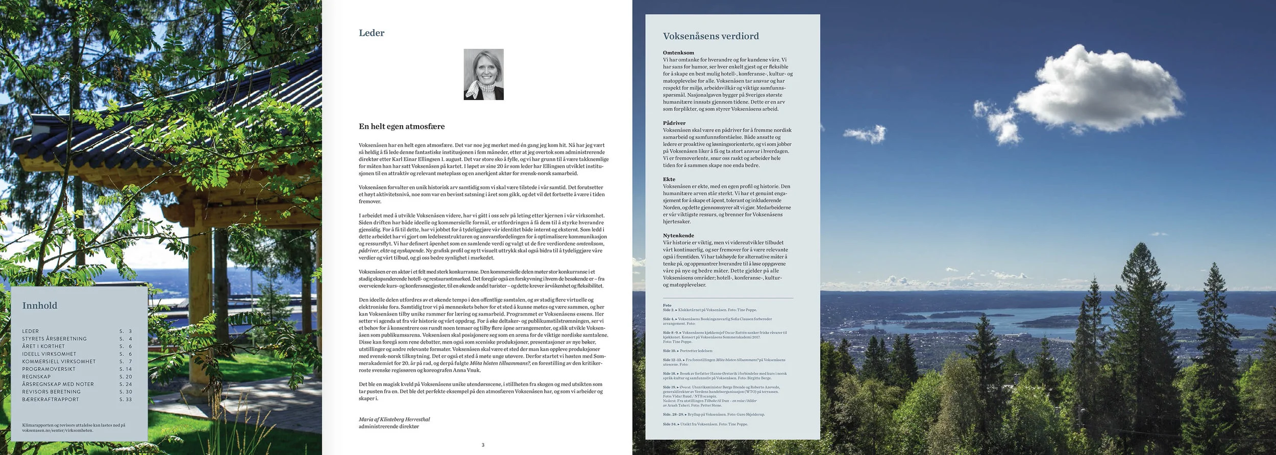 Faksmile av første og siste oppslag i Voksenåsens årsrapport for 2016. Design: Ingun Redalen White