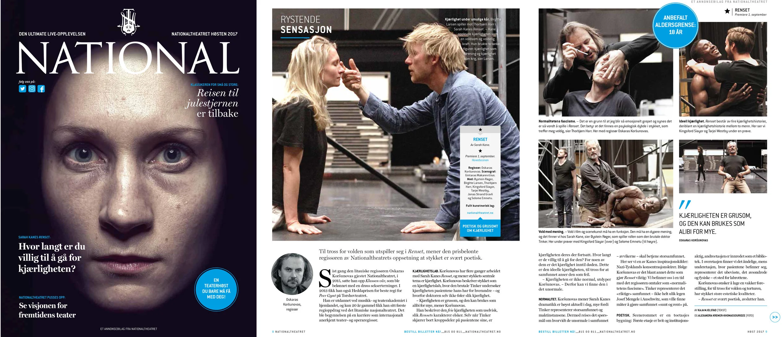 aksimile av cover og utdrag fra oppslag om høstens oppsetning av Renset på Hovedscenen. Foto: Øyvind Eide og Alexandra Kremer-Khomassouridze, design: Sigurd Østensen