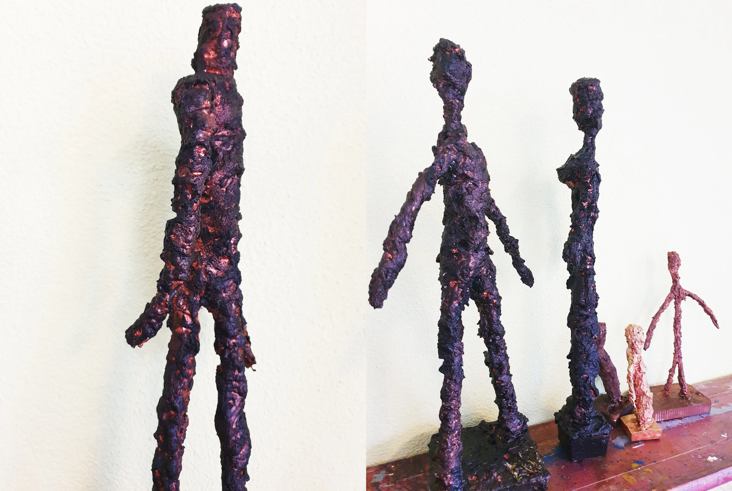 Giacometti Figuren aus Drahtgeflecht, Gips und Beton 