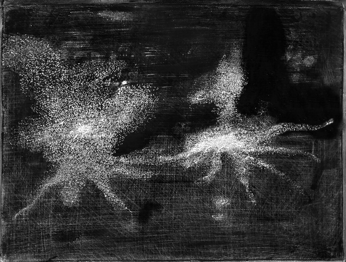 Drawing-II. 2020. Charcoal, wax, engraving into canvas