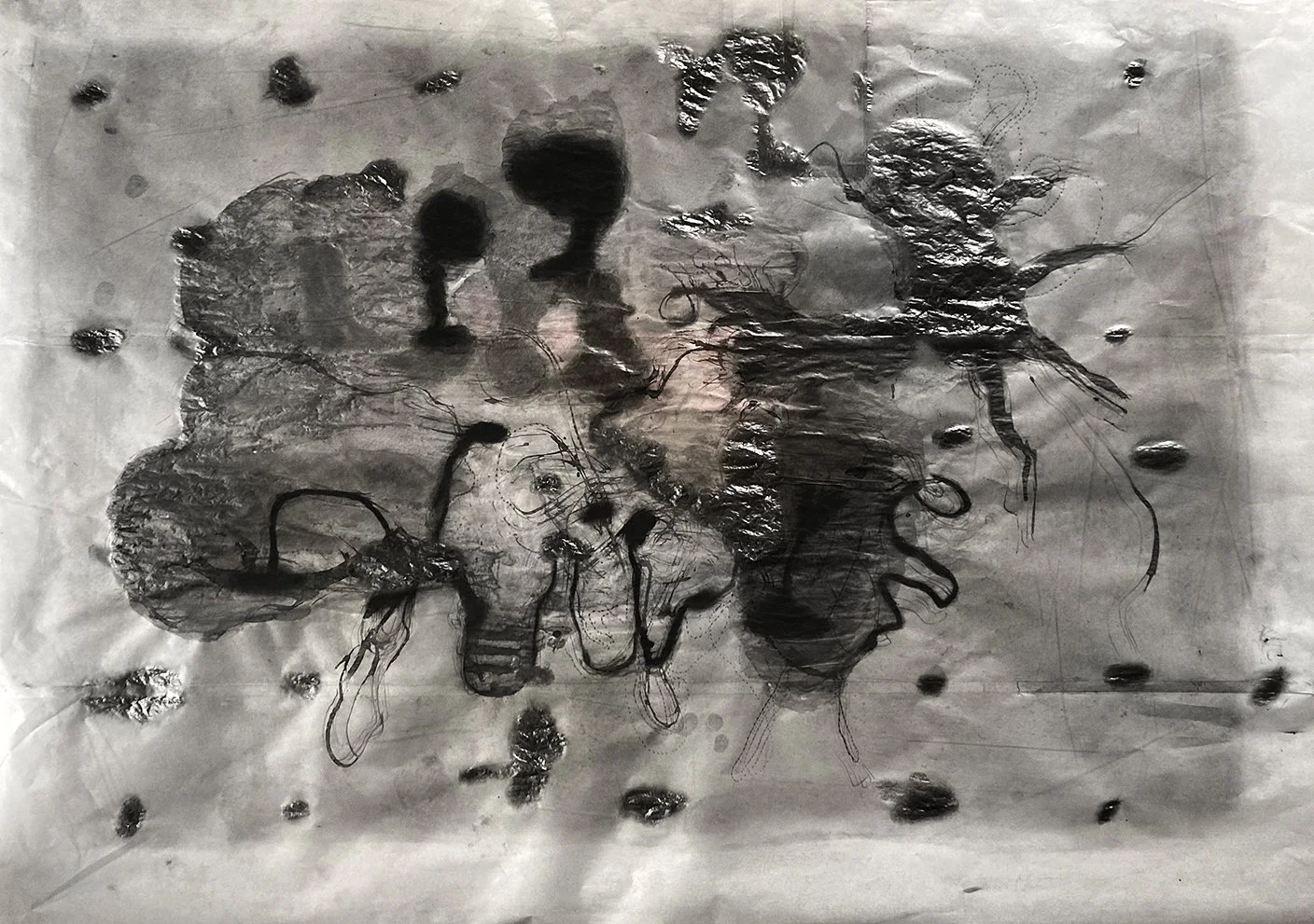 Untitled. 2025. Ink, graphite, charcoal, crayon on baking paper