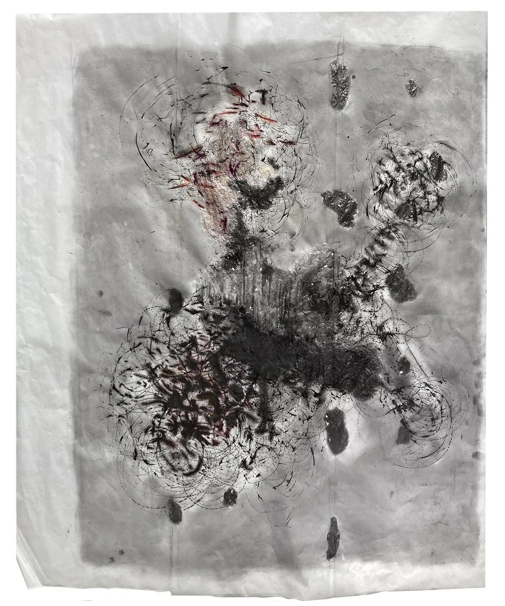 Untitled. 2025. Ink, graphite, charcoal, crayon on baking paper