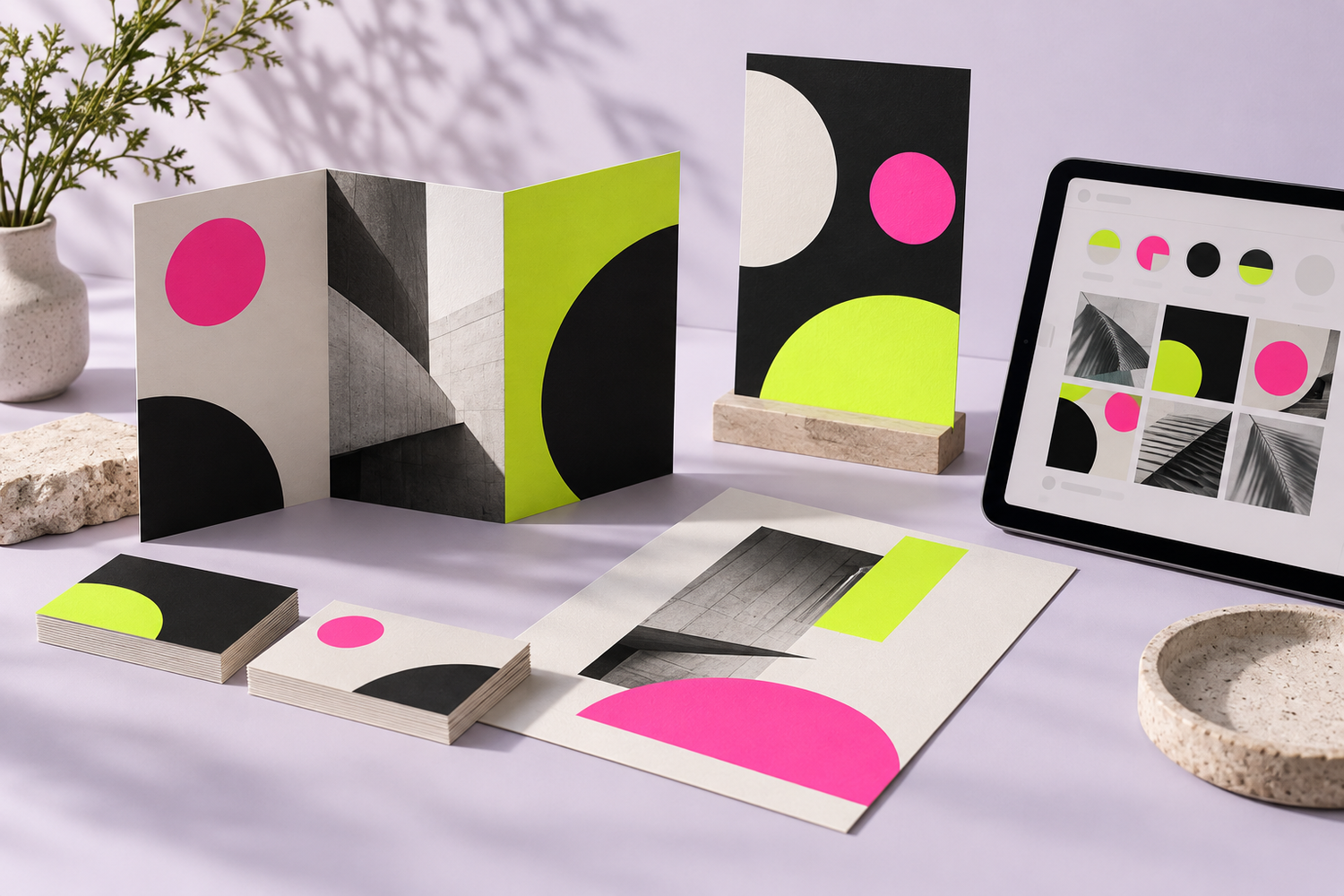 A coordinated set of leaflets, business cards, display signage and social media graphics